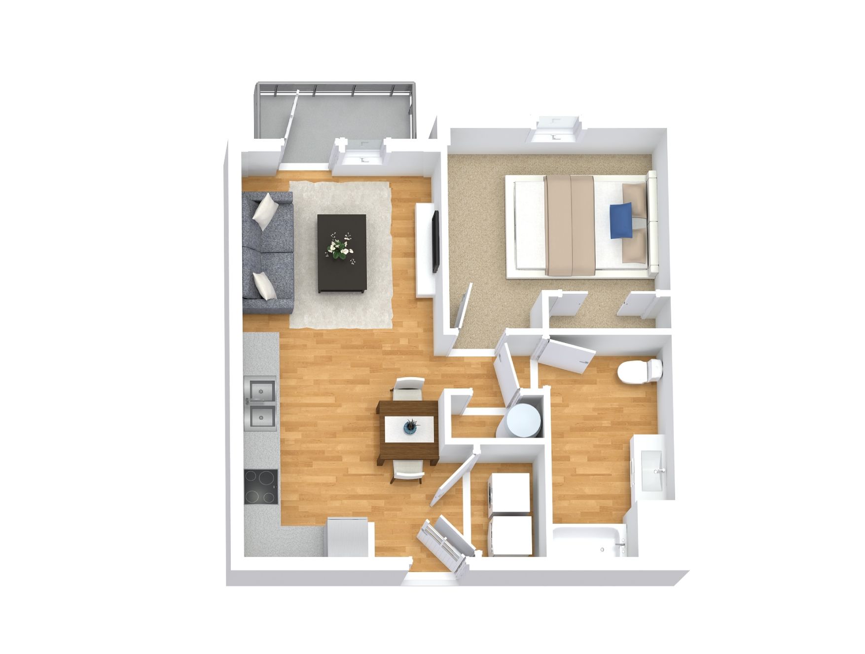 Floor plan for 1 bed, 1 bath, 648 sqft